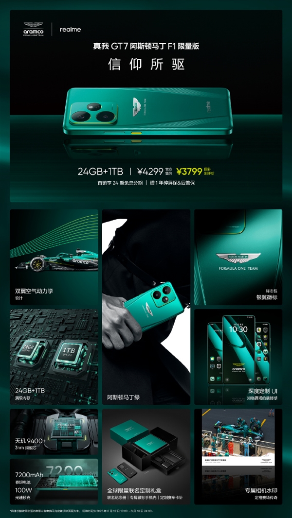 全球首款！真我GT7阿斯頓馬丁F1限量版開售：4299元